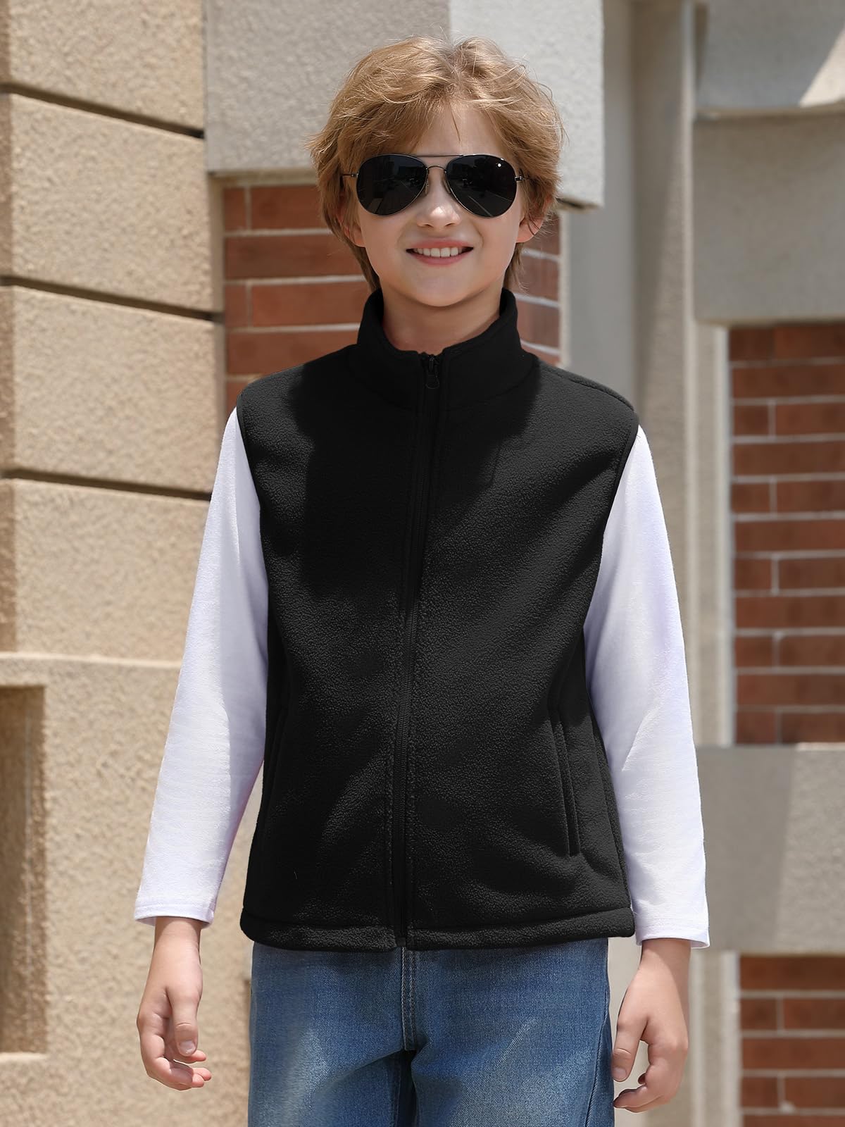 Haloumoning Gilet polaire pour garçons avec fermeture éclair intégrale - Veste légère sans manches pour l'automne et l'hiver - Vêtement d'extérieur chaud - 5-14 ans