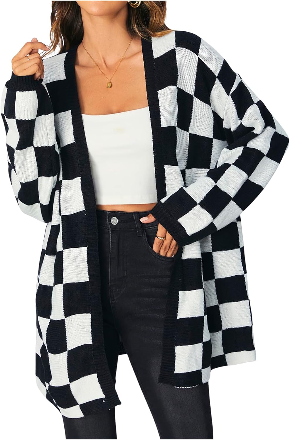SOLY HUX Women's Long Sleeve Oversized Sweater Checkered Cardigan Open Front Outerwear Tops