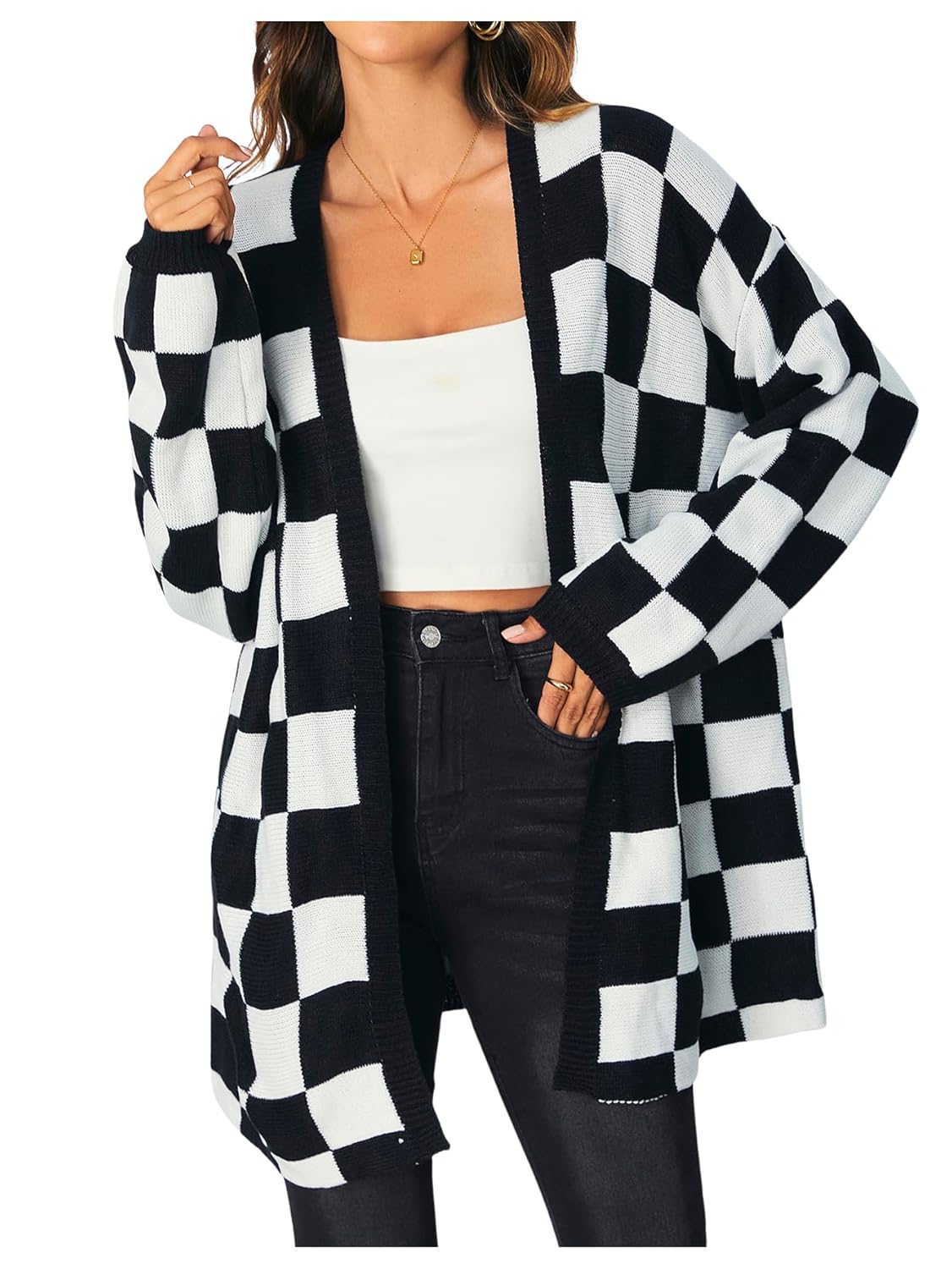 SOLY HUX Womens Long Sleeve Oversized Sweater Checkered Cardigan Open Front Outerwear Tops