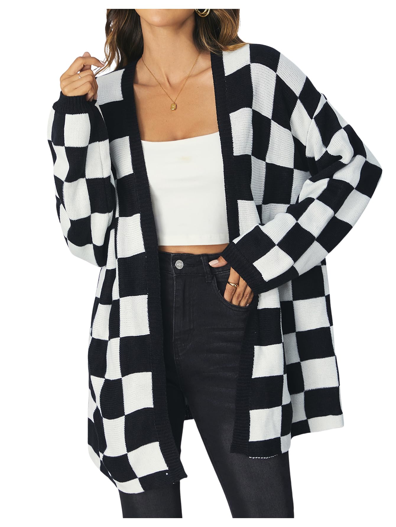 SOLY HUXWomen's Long Sleeve Oversized Sweater Checkered Cardigan Open Front Outerwear Tops