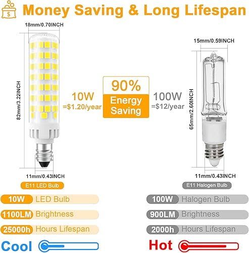 Miniatura 2 de DUMILOO Bombilla LED E11 regulable, equivalente a halógeno de 100 W, luz blanca diurna de 10 W, 6000 K, base de mini candelabro T4, JDE11 120 V 100