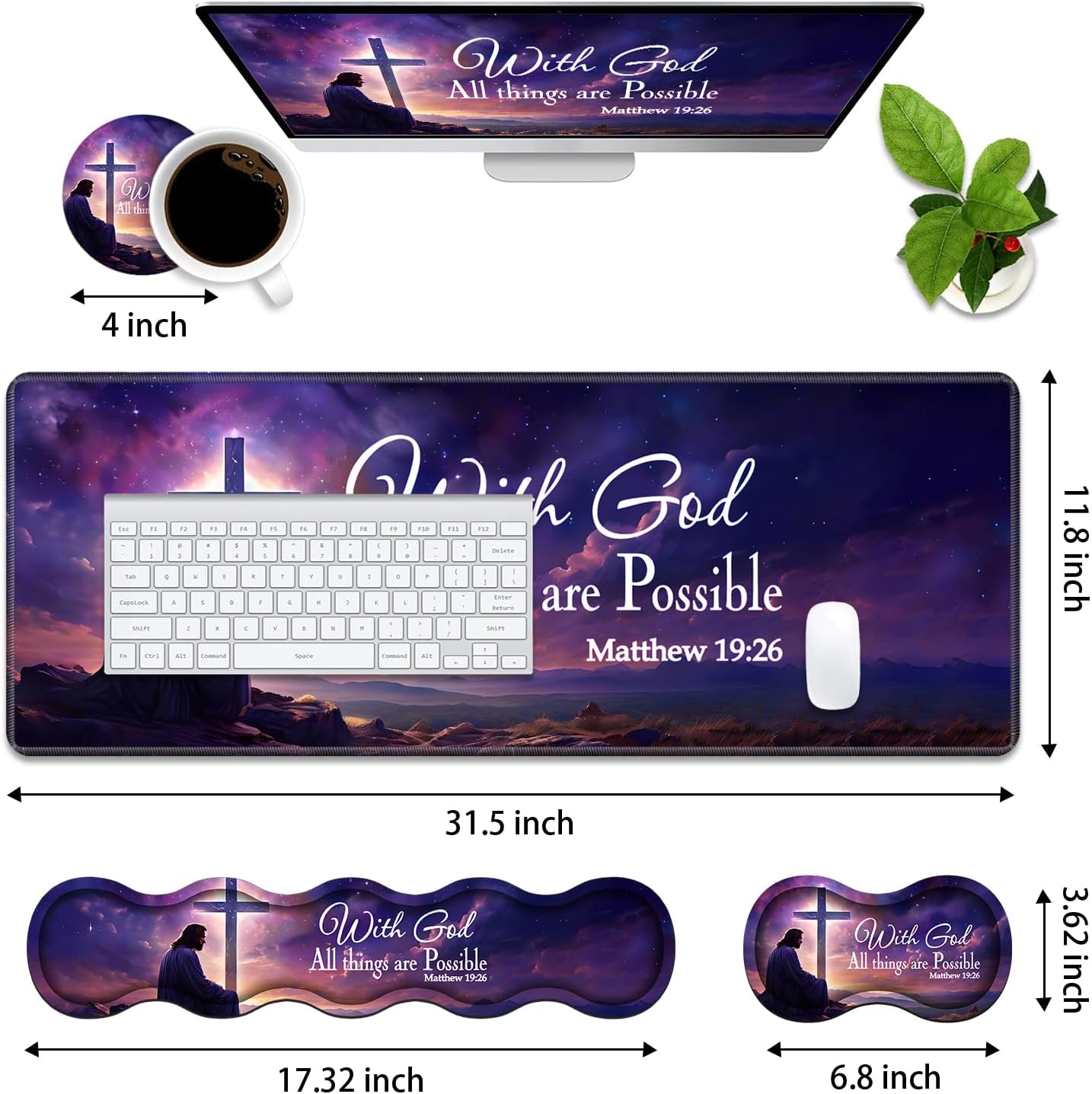 Ergonomic Memory Foam Mouse Pad Wrist Rest Set,Large Gaming Desk Pad + Keyboard Wrist Rest + Mouse Wrist Cushion + Coaster for Home Office Study Gaming,Christian Cross Quote Bible Verse Matthew 19:26