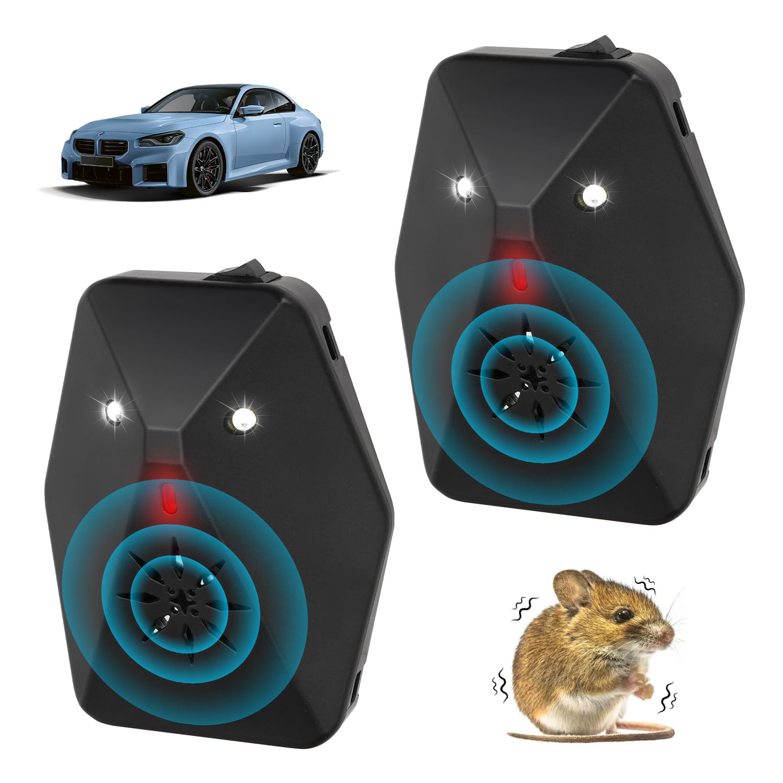 LURICO 2PCS Anti Fouine Voiture – Système Ultrason et Flash Lumineux pour Éloigner Marder, Fouines et Rongeurs, Protection Universelle pour Câbles de Voiture.
