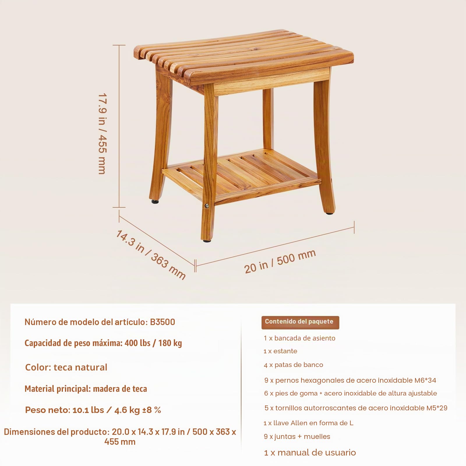 VEVOR Banco de Ducha de Teca Madera Impermeable con Estante de Almacenamiento, Almohadillas Antideslizantes para los Pies, Carga Máxima 180 kg, para Uso en Interiores y Exteriores 500 x 363 x 455 mm