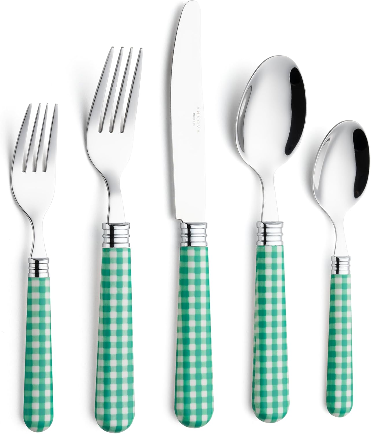 ANNOVA Silverware Set 20 Pieces Cutlery Stainless Steel Colorful Fun Handle Flatware Service for 4 - Dinner Knife, Dinner Fork, Salad fork, Dinner Spoon, Dessert Spoon (Checker Green, 20 Pieces)