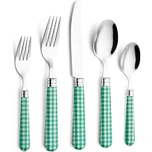 ANNOVA Silverware Set 20 Pieces Cutlery Stainless Steel Colorful Fun Handle Flatware Service for 4 - Dinner Knife, Dinner Fork, Salad fork, Dinner Spoon, Dessert Spoon Checker Green, 20 Pieces