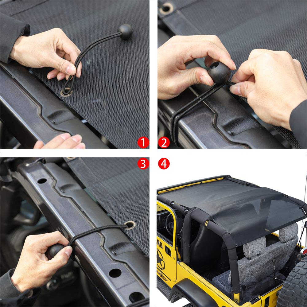 Mesh Shade Bikini Top UV Protection Sunshade Cover Front & Rear Passengers for Jeep Wrangler TJ 1997-2006 (Plain Black)