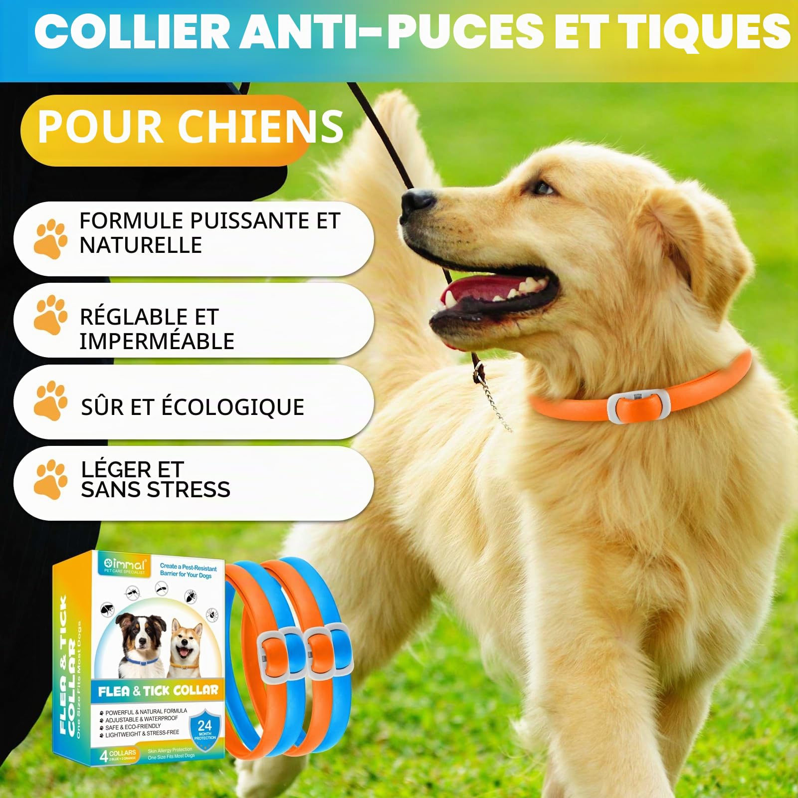 Collier Anti Puces pour Chien, 4 Pièces Anti Tiques pour Chien, Réglable et Imperméable, Sûr et Naturel, Longueur 60cm, Protection 24 Mois, pour Chiens de Petite Moyenne et Grande Taille (Bleu&Orange)