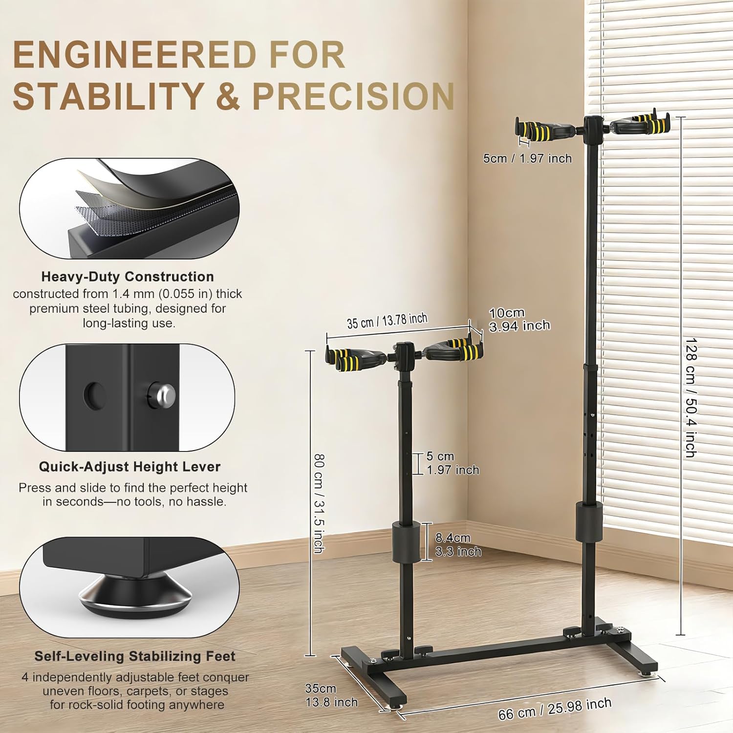 Fulgutonit Guitar Stand for 4 Guitars, Heavy Duty Multi Guitar Holder Stand with Adjustable Height & 90° Gravity-Lock U-Hook, 4 Guitar Rack Floor for Electric, Acoustic, Classical Guitars & Bass