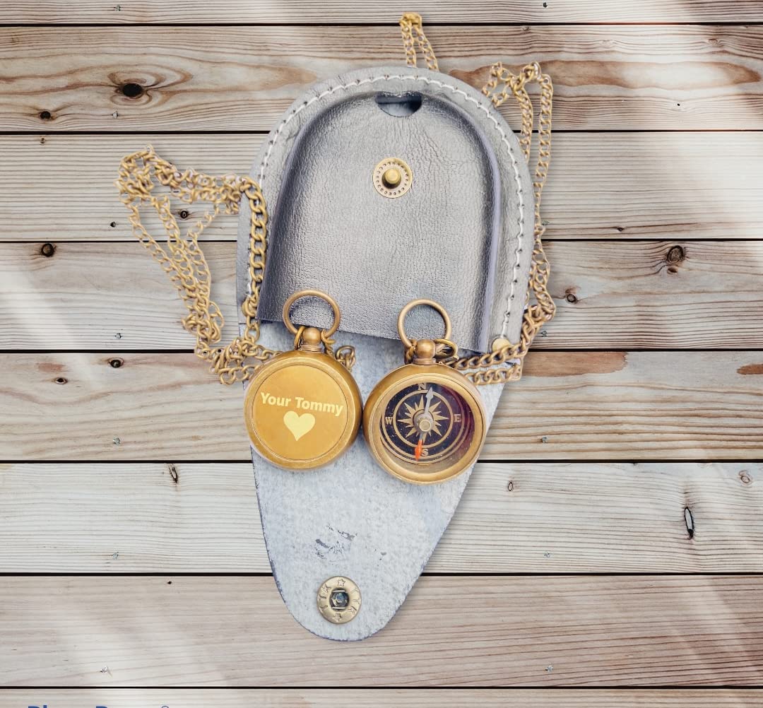 Antique Compass Your Tommy Your Tubbo Nautical Locket Compass Engraved Brass Compass with Leather Case Chain Compass (Both), Dark Brown