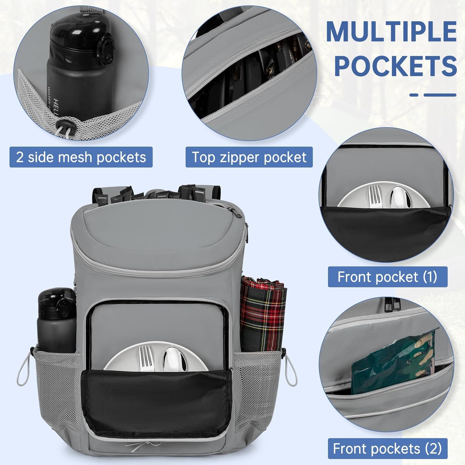28L Kühlrucksack, auslaufsicherer Picknick-Kühlrucksack für 30 Dosen Getränke (330 ml), cooler Rucksack für Camping, Picknick, Wandern, Grillen, Strand, Grau