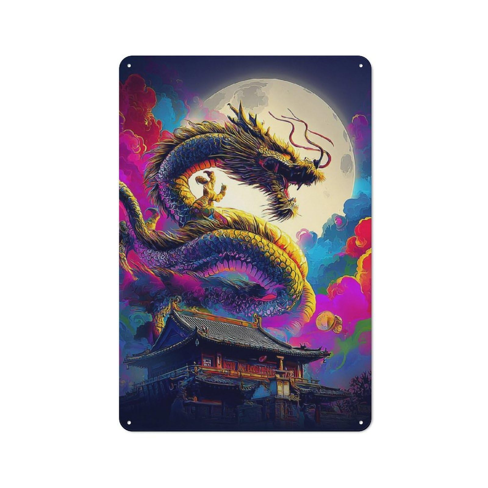 Junmoney Dragon Moonlit Palace -1 Tin Wall Plaque 30X20cm With For Home Office Or Studio, For Home Office Decor Fans