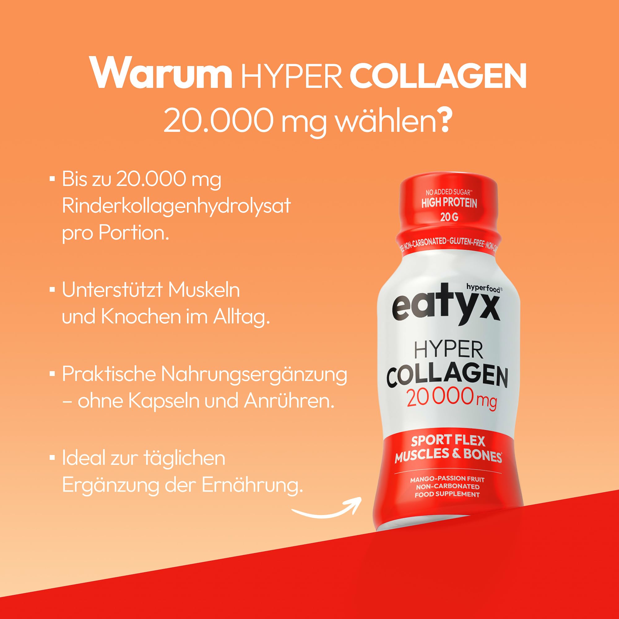eatyx Hyper Collagen Sport Flex 30 x 95 ml – Miesięczna kuracja zawierająca 20 000 mg kolagenu na porcję – Kolagen do picia dla mięśni i kości – Mango i marakuja – Bez glutenu, bez dodatku cukru