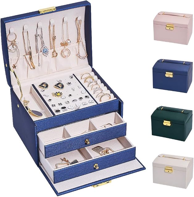 hombrima 3 Layers Travel Jewelry Box, Jewelry Storage Organizer Cases with 2 Drawers and Lock for Womens Necklace Earrings Rings Bracelet(Blue)