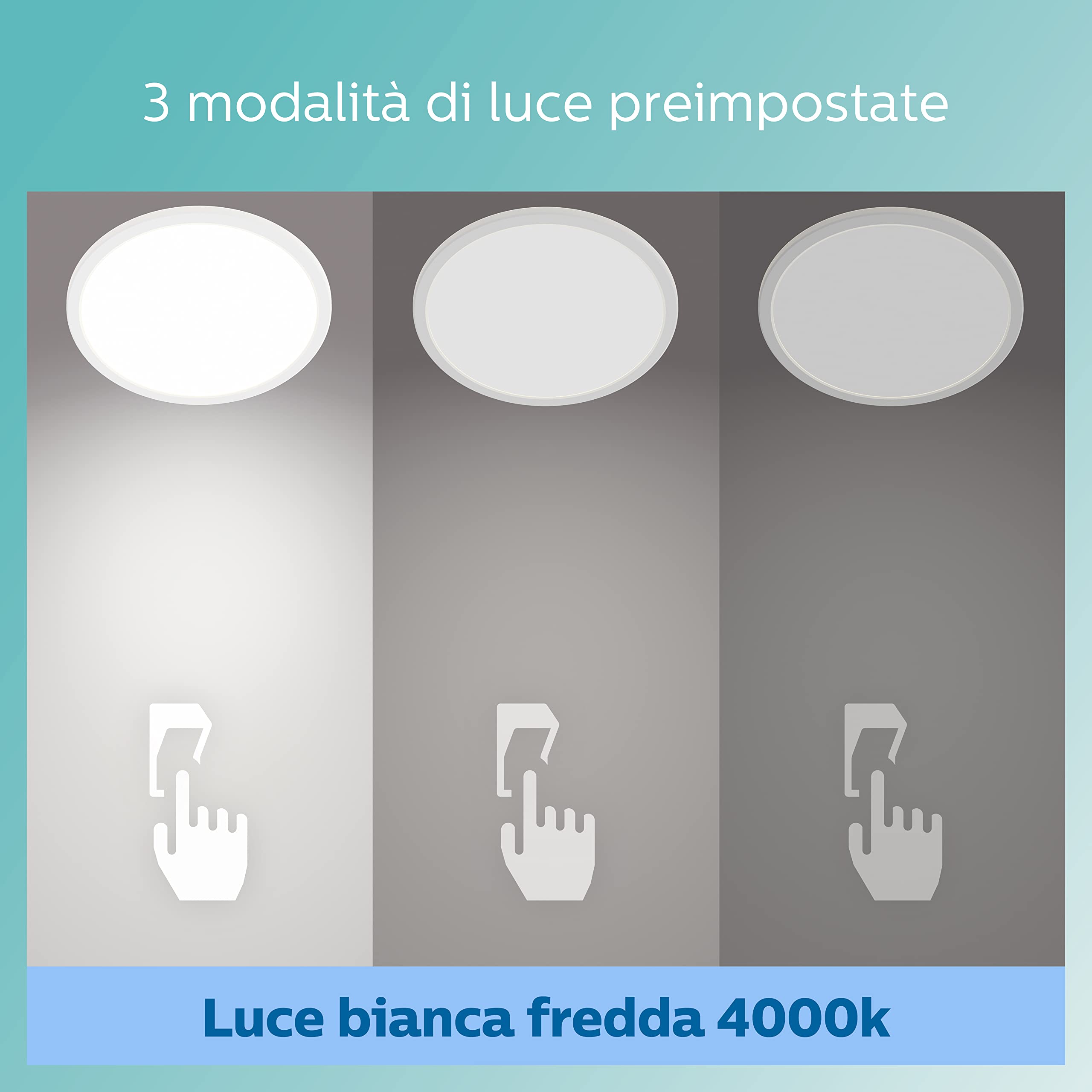Philips LED soffitto bagno Superslim, bianco, 15W, luce bianca neutra 4.000K, 3 impostazioni di luce - dimmerabile senza dimmer, protezione IP44, confezione doppia