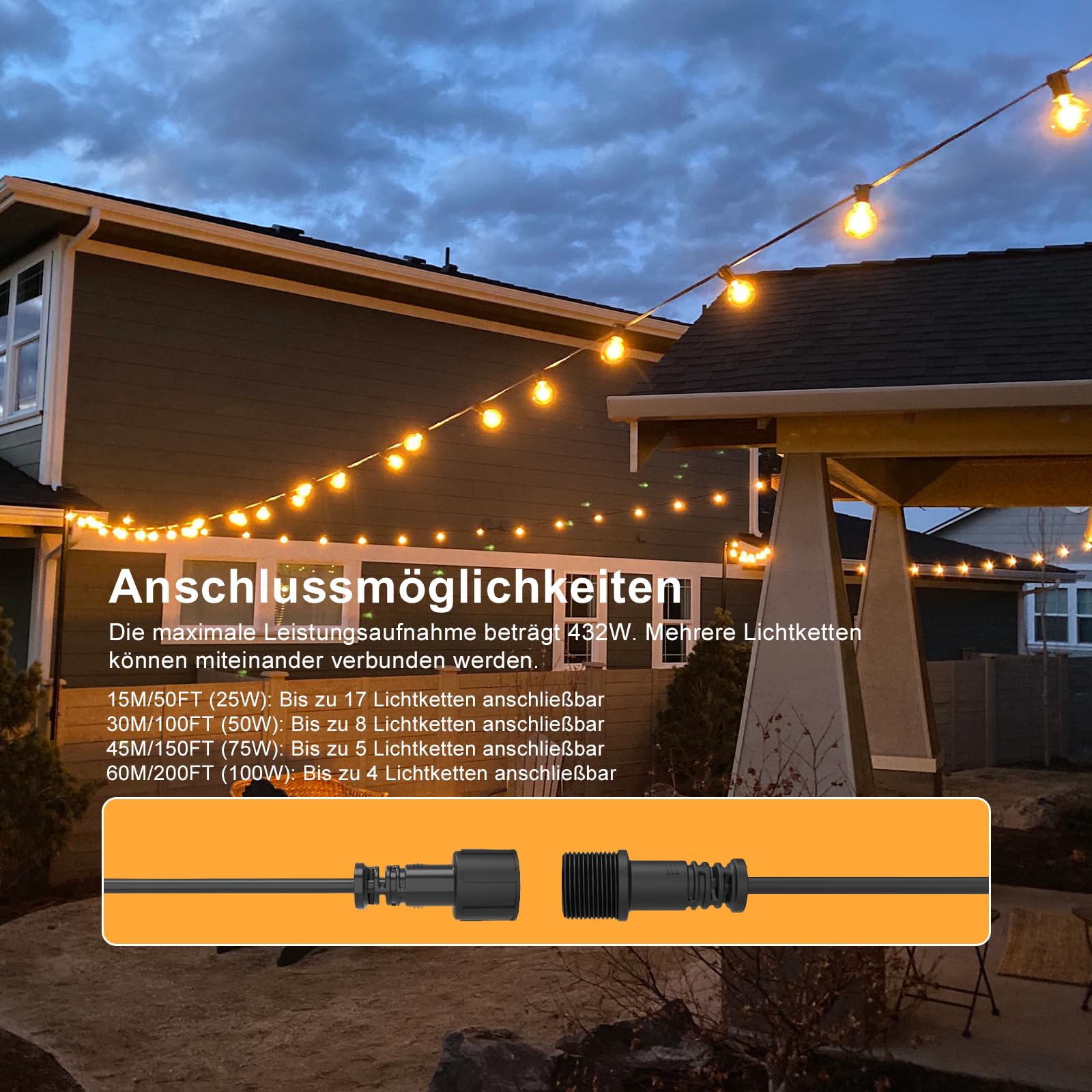 Lichterkette Außen Strom,G40 45M LED Outdoor Lichterkette Glühbirnen Außen Innen Strom mit Stecker,75 bruchsichere Birnen,netzbetriebene Außenleuchten für Terrasse,Hof,Balkon,Gartenhaus