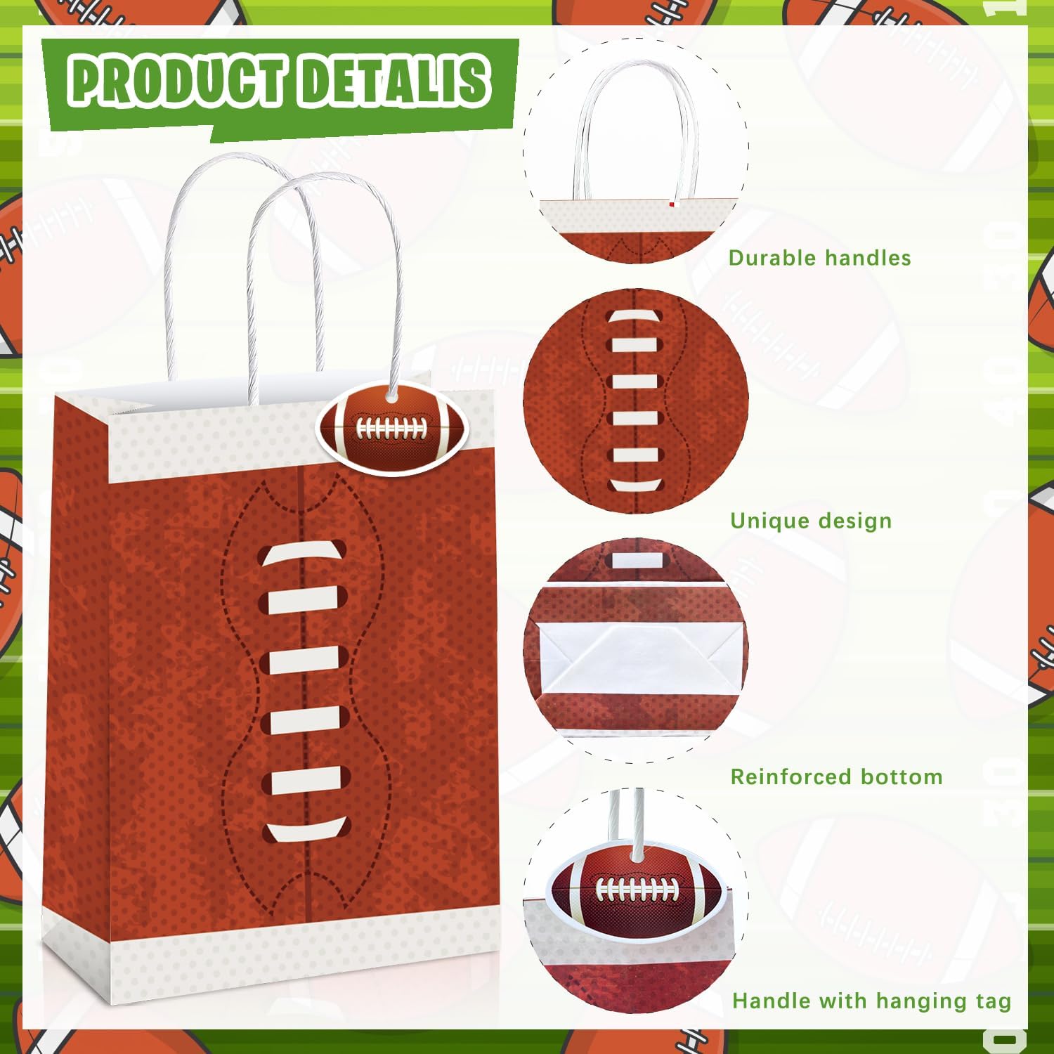 Mpanwen Football Goodie Bags, 16 Pcs Football Themed Party Favor Candy Treat Gifts Bags With Handle for Birthday Baby Shower Holiday Party Decorations - Image 3