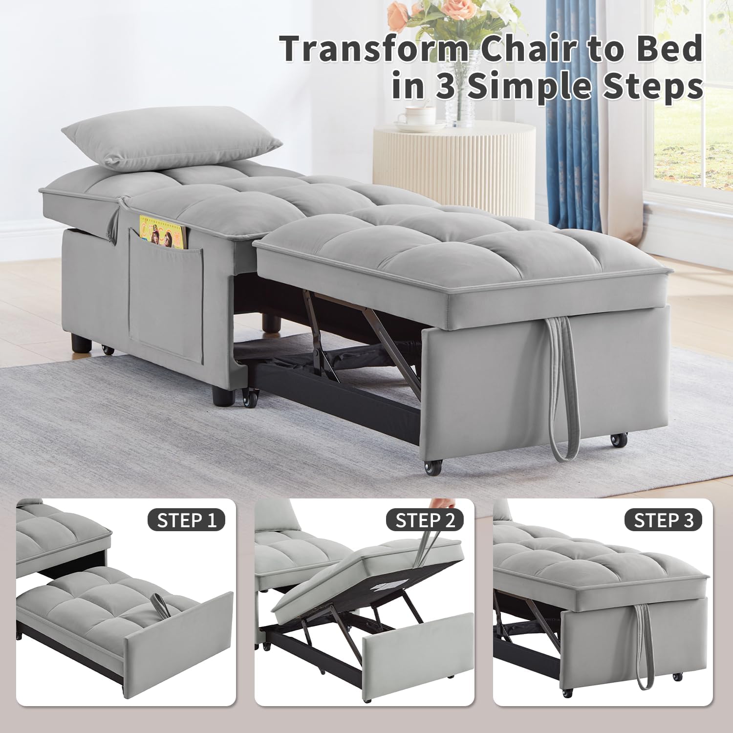 Gray 3 in 1 Convertible Chair Sleeper Bed Single Recliner Hide a beds Chairs for Adults with Pullout Bed Side Pocket Adjustable Backrest and Pillows Velvet Bedroom Foldable Couch