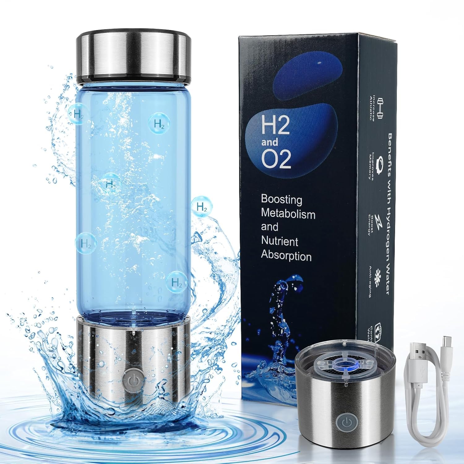 Hydrogen Water Bottle Generator with SPE PEM Technology, Silver - Quick 3-Minute Water Ionizer for Improved Health | Perfect Home & Office Gift | Includes Adapter