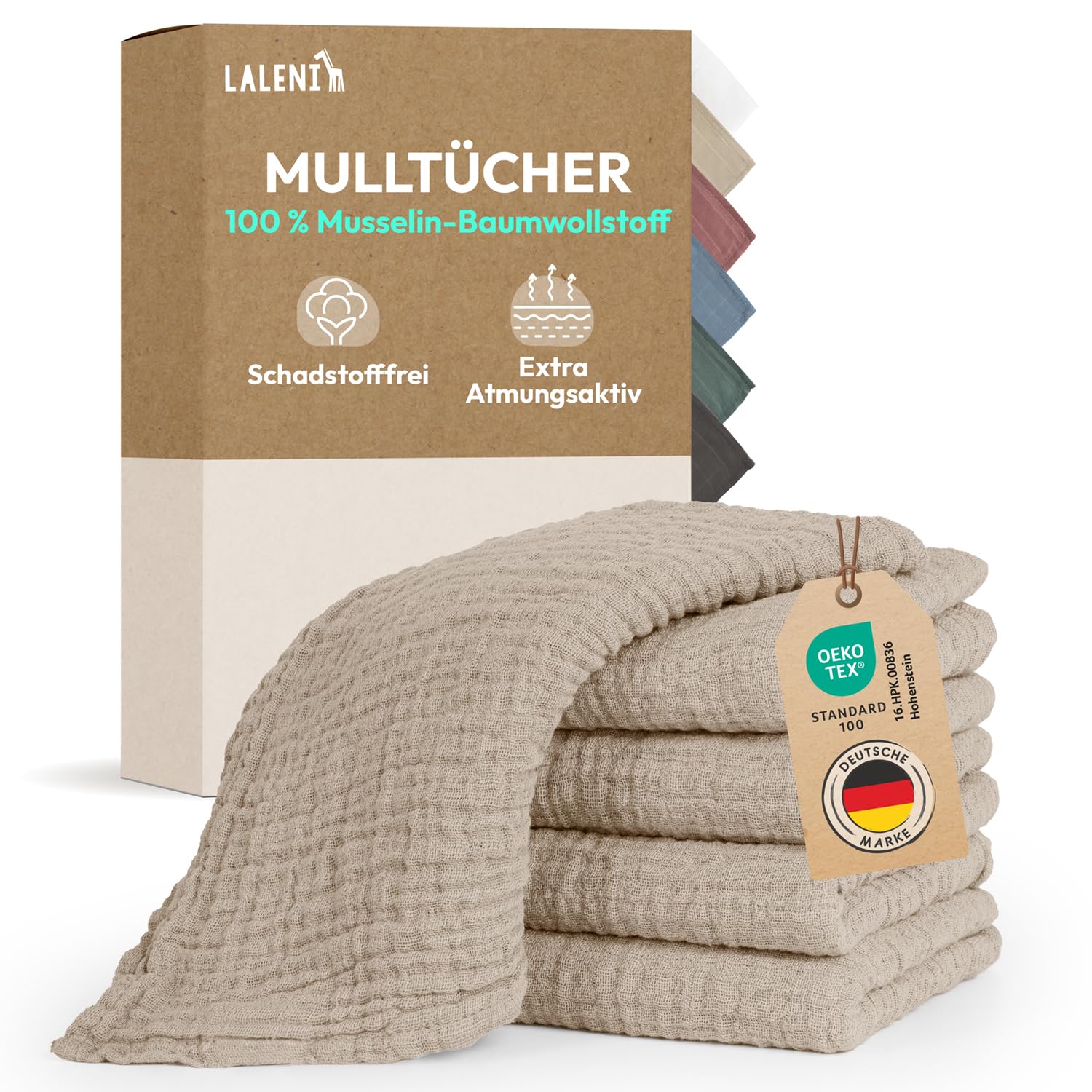 Laleni Spucktücher Baby im 5er Set aus Reiner Baumwolle - schadstofffreie Mulltücher weich 70x70 - saugstarke Mussellintücher Baby - Musselin Tuch als Mullwindel - waschbare Mulltücher - Beige