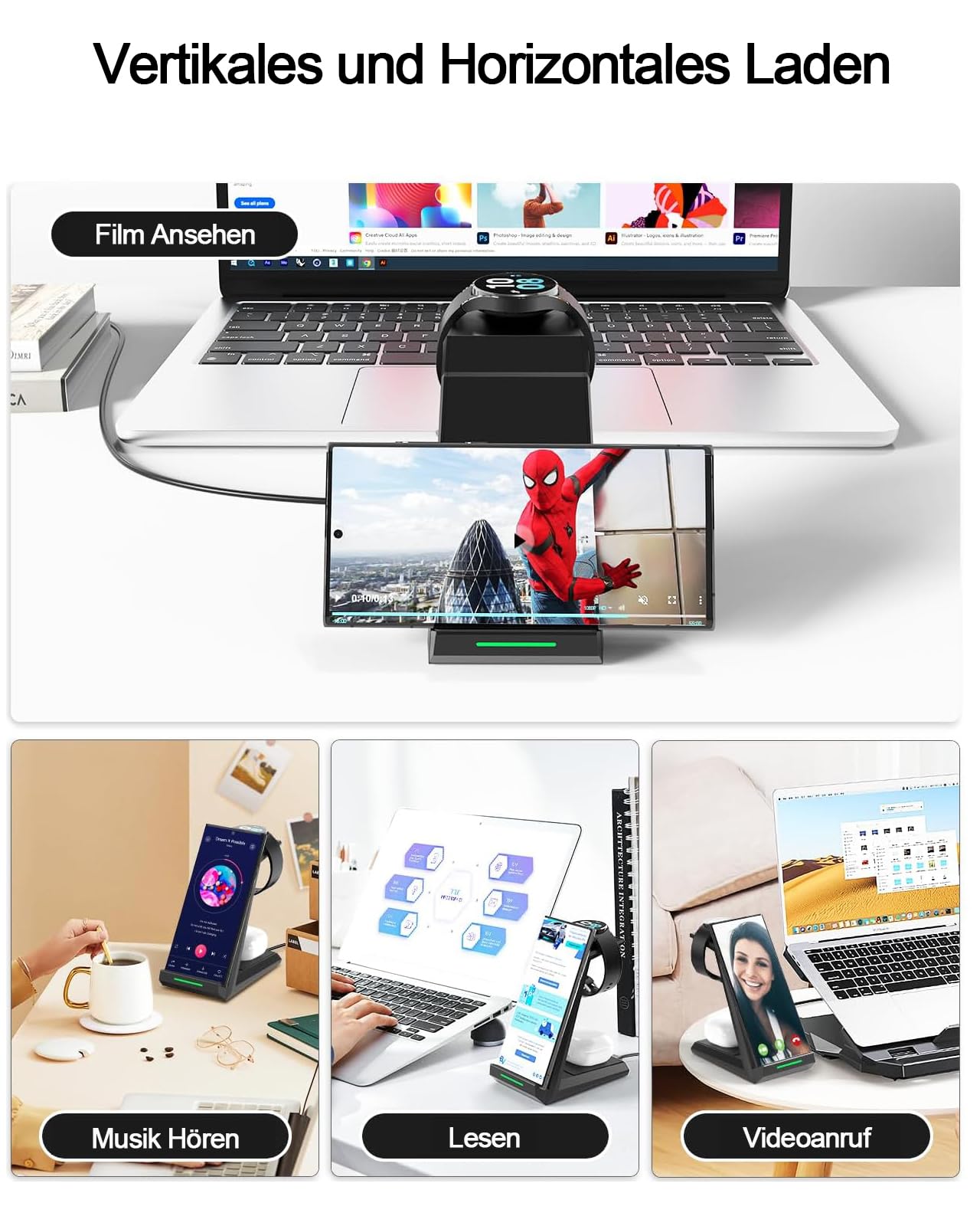3 in 1 Ladestation für Samsung, ADADPU Induktive Ladestation für Samsung S26/S25/S24/S23/ZFlip/Fold mit 20W PD Adapter, Ladestation Mehrere Geräte für Samsung Galaxy Watch Ultra/8/7/6/5/4/Galaxy Buds
