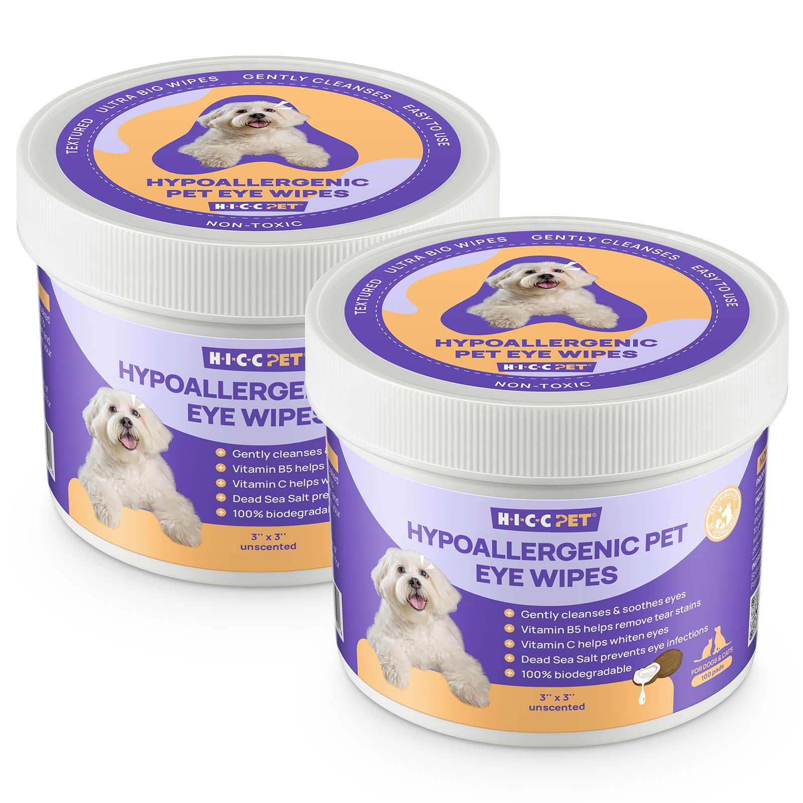 HICC PET Eyes Wipes for Dogs & Cats - Gently Remove Tear Stain, Eye Debris, Discharge, Mucus Secretions, Coconut Oil Pet Cleaning Wipes for Eyes, Wrinkle, Face (200 count (Pack of 1))