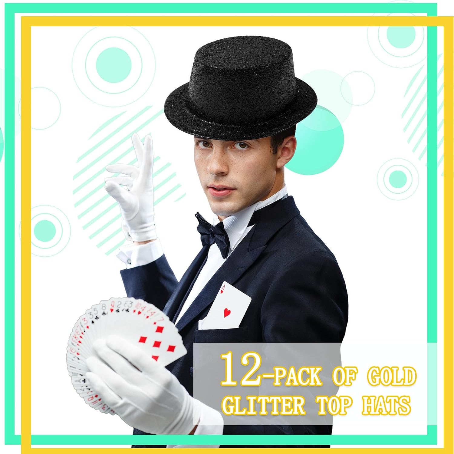 Hillban 12 Pcs Top Hats Glitter Plastic Disco Party Hat for New Year Magician Birthday Wedding Carnival(Black,Classic)