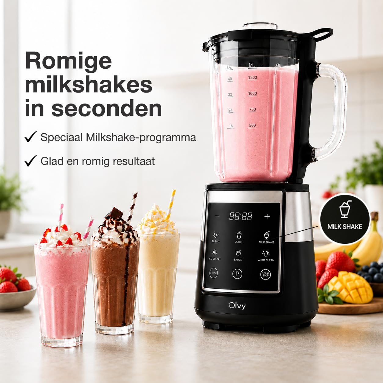 Olvy Standmixer Smoothie Maker 1500ml Glas To-Go LED Timer 6 Klingen-Black