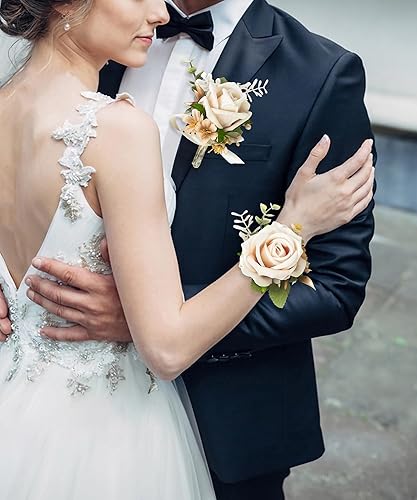 Miniatura 4 de Juego de ramillete y boutonniere para novio, novia, padrinos de boda, fiesta de graduación, rosas artificiales para hombres, boda, madre, abuela,