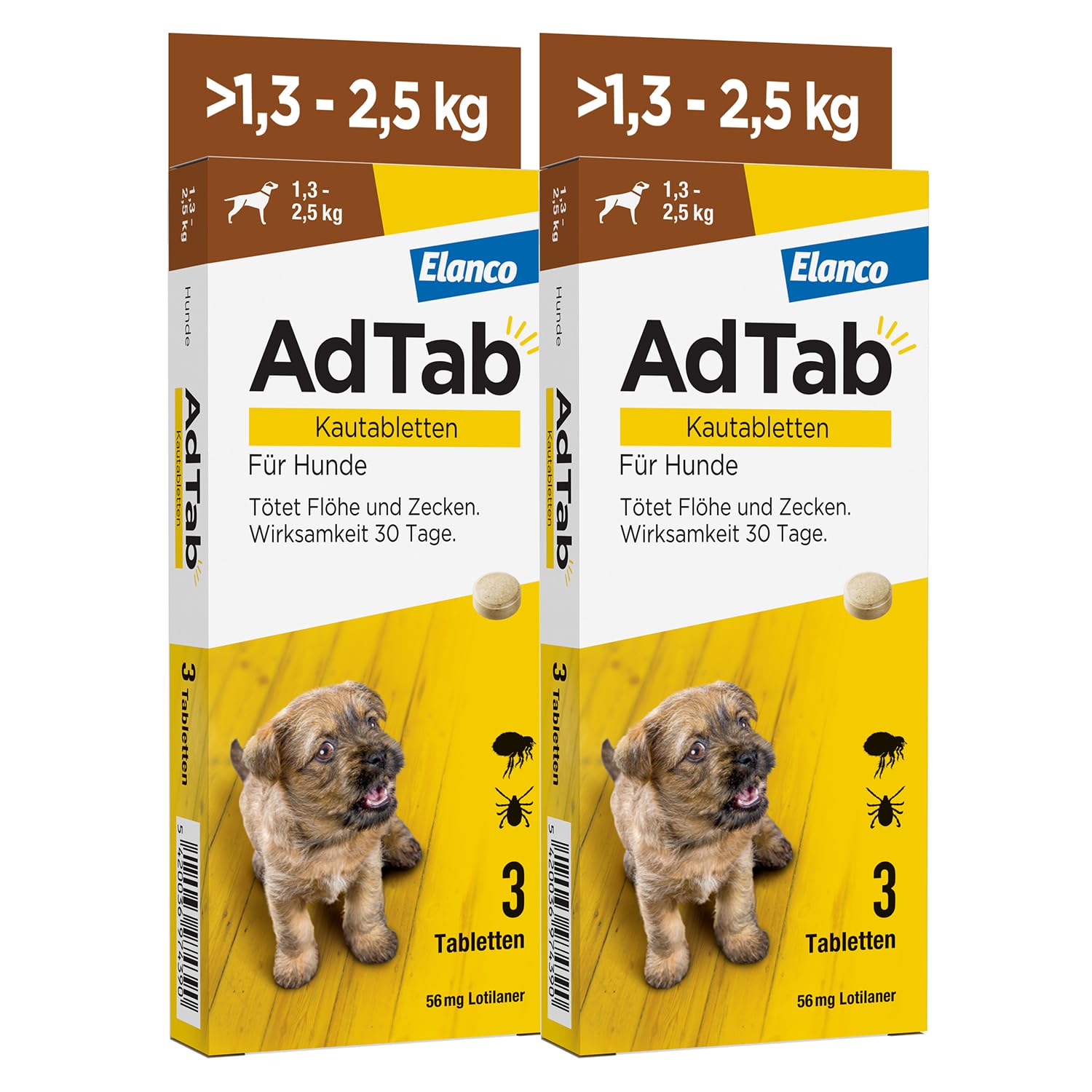 AdTab Hund 1,3-2,5 kg - Kautablette gegen Zecken & Flöhe, Doppelpack (2x3 Tabletten) | Kleine Kautablette mit Rindfleischgeschmack. 3 Monate Floh- & Zeckenschutz für deinen Hund, schnelle Wirkung & einfache Gabe.