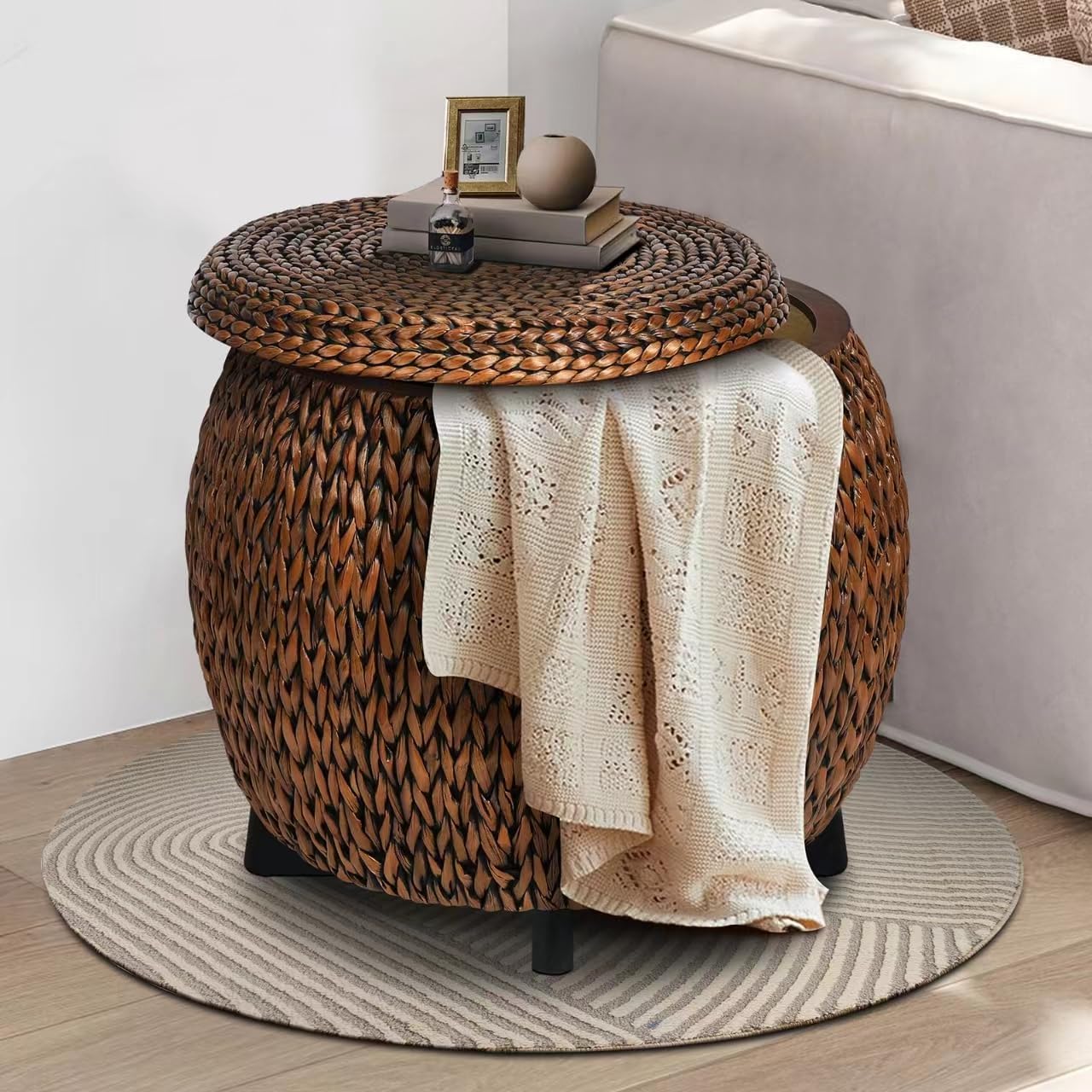 NOVADÉCHOM Round Sides Storage Ottoman Coffee Table,Ratten