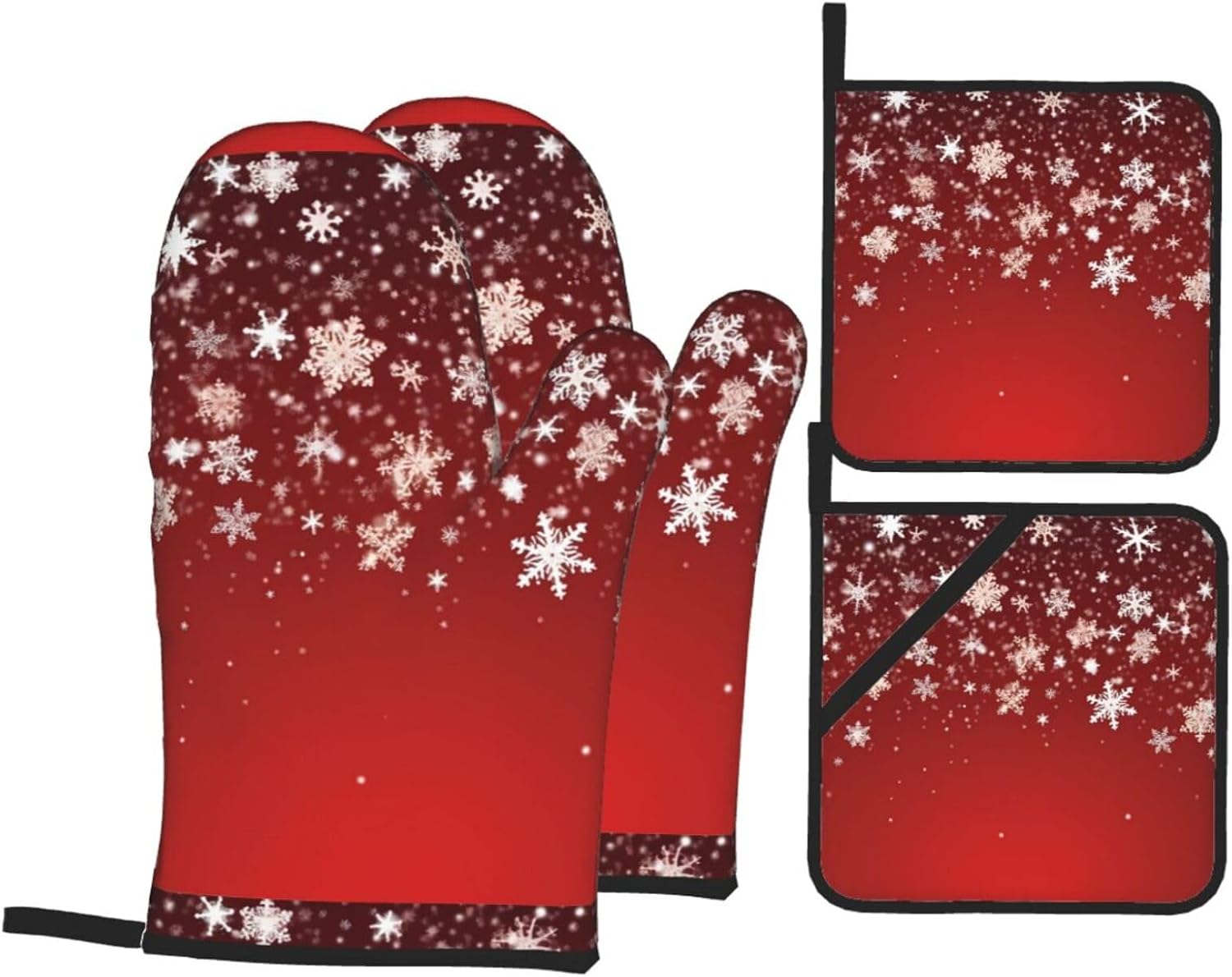 (Christmas) Baking 4-Piece Set: 2 Oven Mitts and 2 Pot Holders Heat Resistant Waterproof Hanging Loop for Kitchen Oven Grill Housewarming Gifts