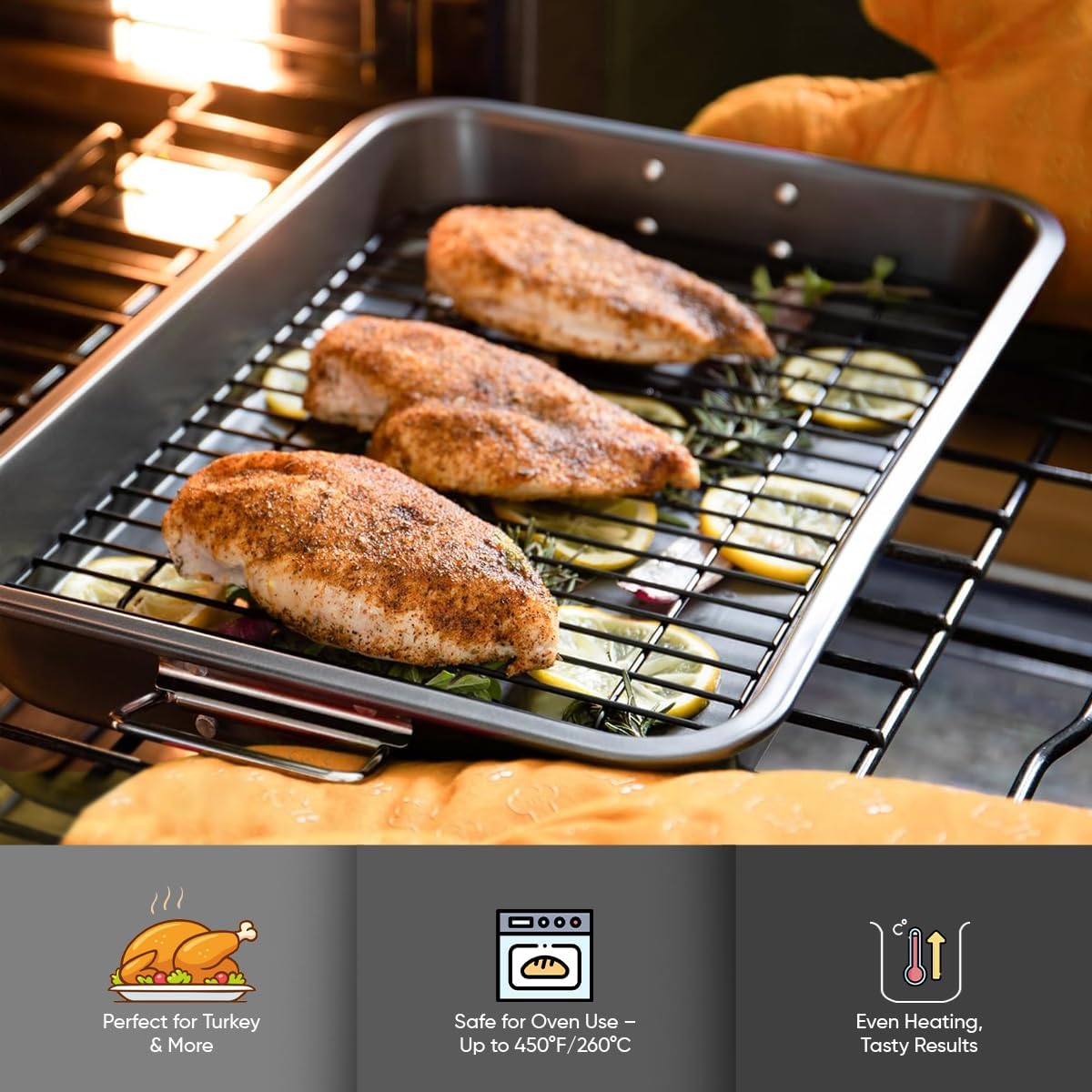 Roasting Pan for Ovens – Nonstick Heavy-Duty Roasting Pan with Rack Large 11-inch x 15.5-inch For Delicious Family Meals for Cooking –Roaster Pan for Meats, Turkey, & Vegetables