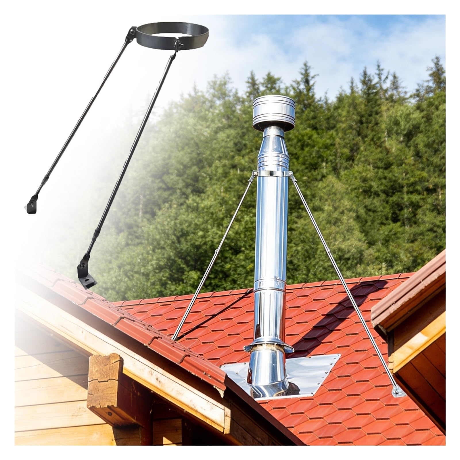JYHHGDS Adjustable Chimney Support Bracket for 3"-10" Stove Pipes, Extended Roof Kit, Weather-Resistant Pipe Stabilizer, Secures Against Wind & Snow Loads (5 1/16" Dia)