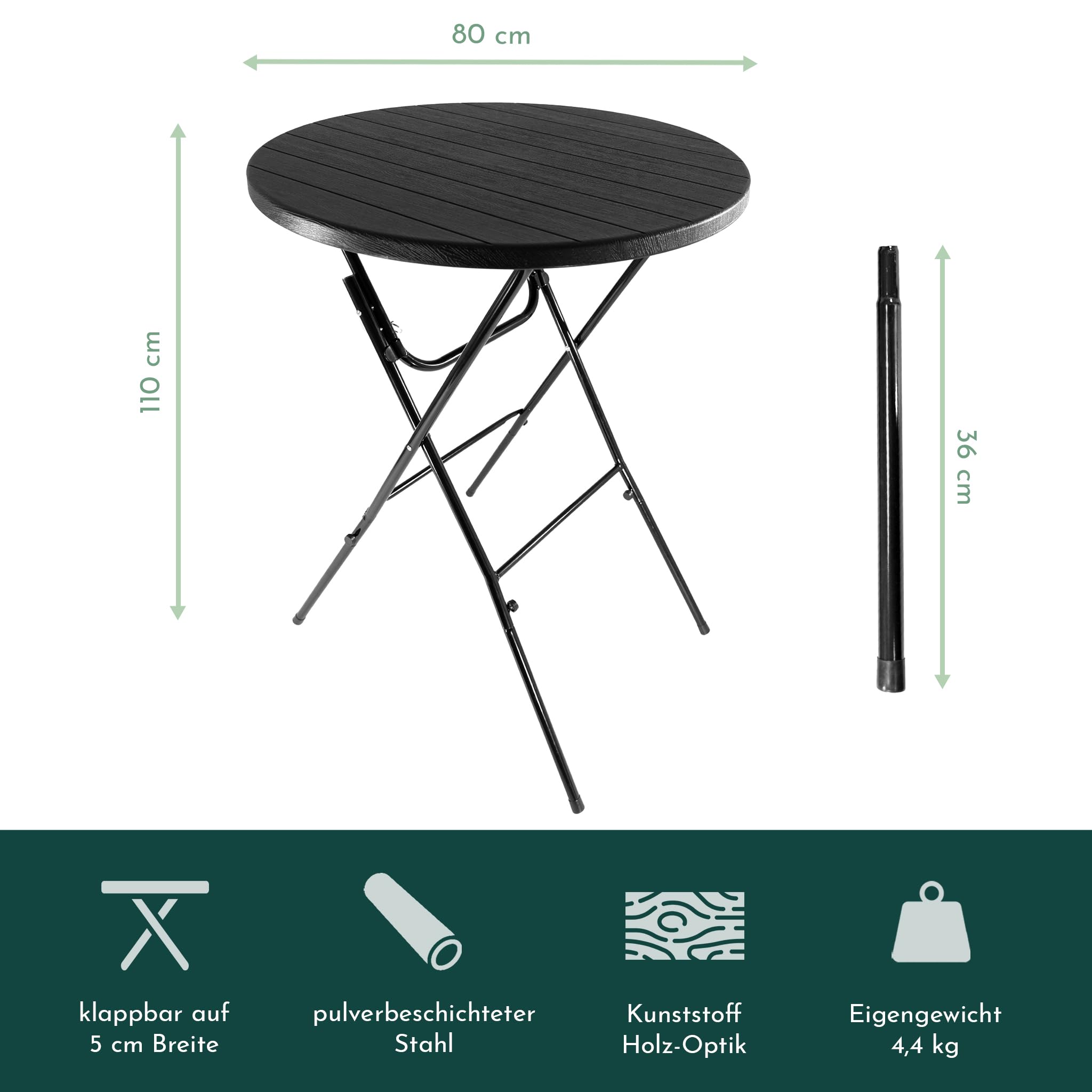 Lemodo Stehtisch klappbar 80 cm (Höhe 110 cm, bis 50 kg belastbar) schwarz Holz-Optik – mit Kunststoff-Tischplatte & Stahlgestell, abnehmbare Beine, platzsparend für Gartenparty, Hochzeit & Balkon