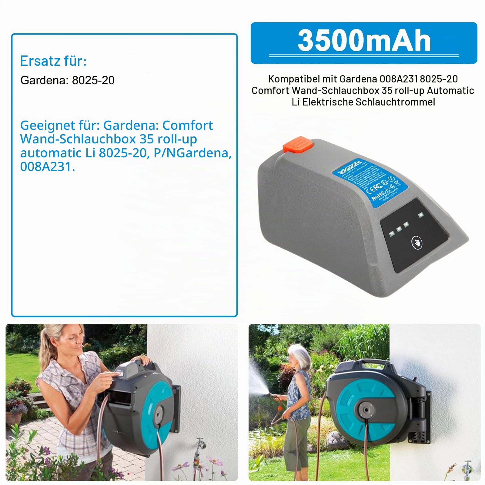 18V 3000mAh Li-Ion Ersatzakku für Gardena 008A231 Wand-Schlauchtrommel