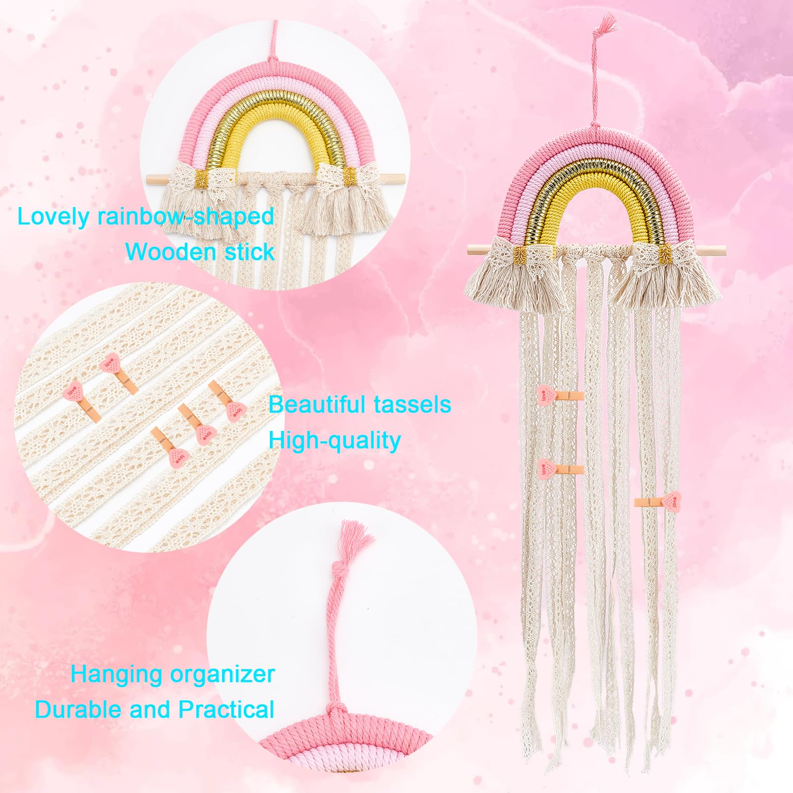 NICENEEDED Organizer Per Fermagli Capelli - Supporto A Forma Di Fiocco Con Nappe Arcobaleno - Appendibile A Parete - Regalo Bohémien Per Bambine E Ragazze - 75x30 Cm - 4
