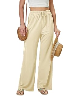 keriffe Summer Outfits Flowy Palazzo Pants for Women High Waisted Wide Leg Beach Casual Vacation Pants Trousers Pockets