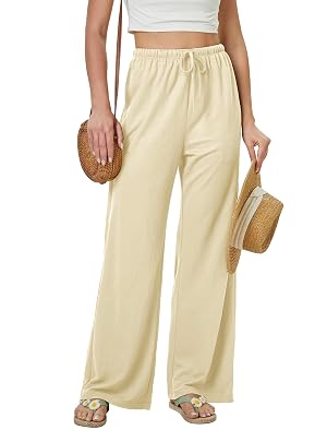 keriffe Summer Outfits Flowy Palazzo Pants for Women High Waisted Wide Leg Beach Casual Vacation Pants Trousers Pockets