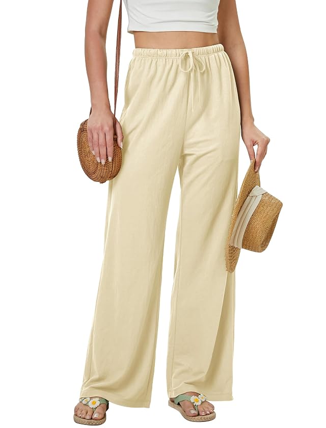 keriffe Summer Outfits Flowy Palazzo Pants for Women High Waisted Wide Leg Beach Casual Vacation Pants Trousers Pockets