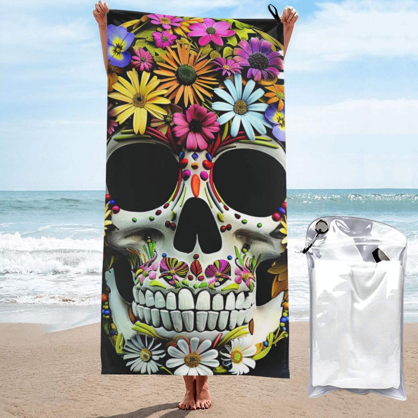 kkvhhyuo Microfiber Beach Towel, Skull Print Printed Lightweight Quick Dry Travel Bath Sheet with Compact Carry Bag for Swimming Yoga Camping Gym,27.5"x55"