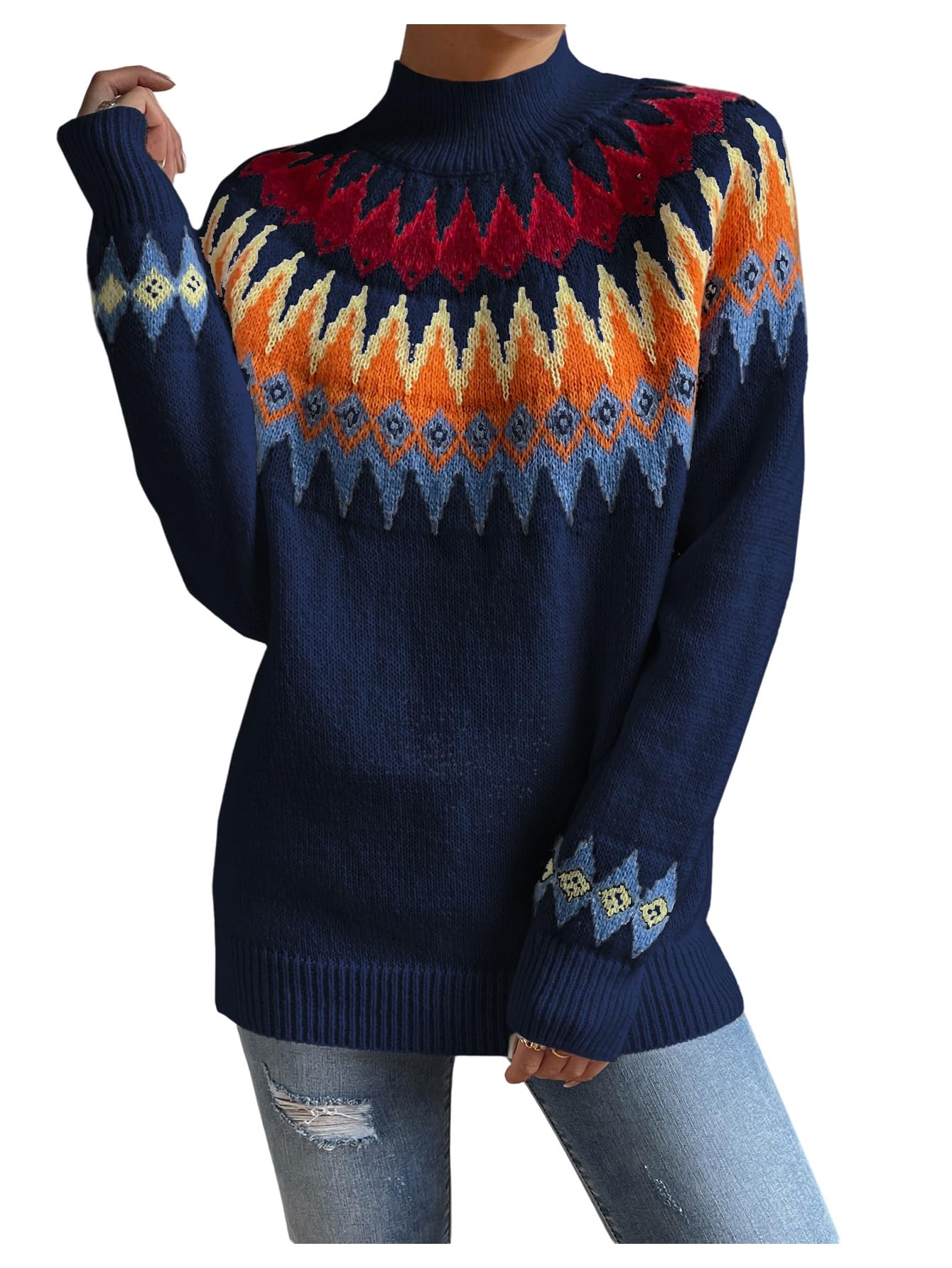 WDIRARA Womens Geo Pattern Fair Isle Sweaters Mock Neck Long Sleeve Pullover Knit Tops
