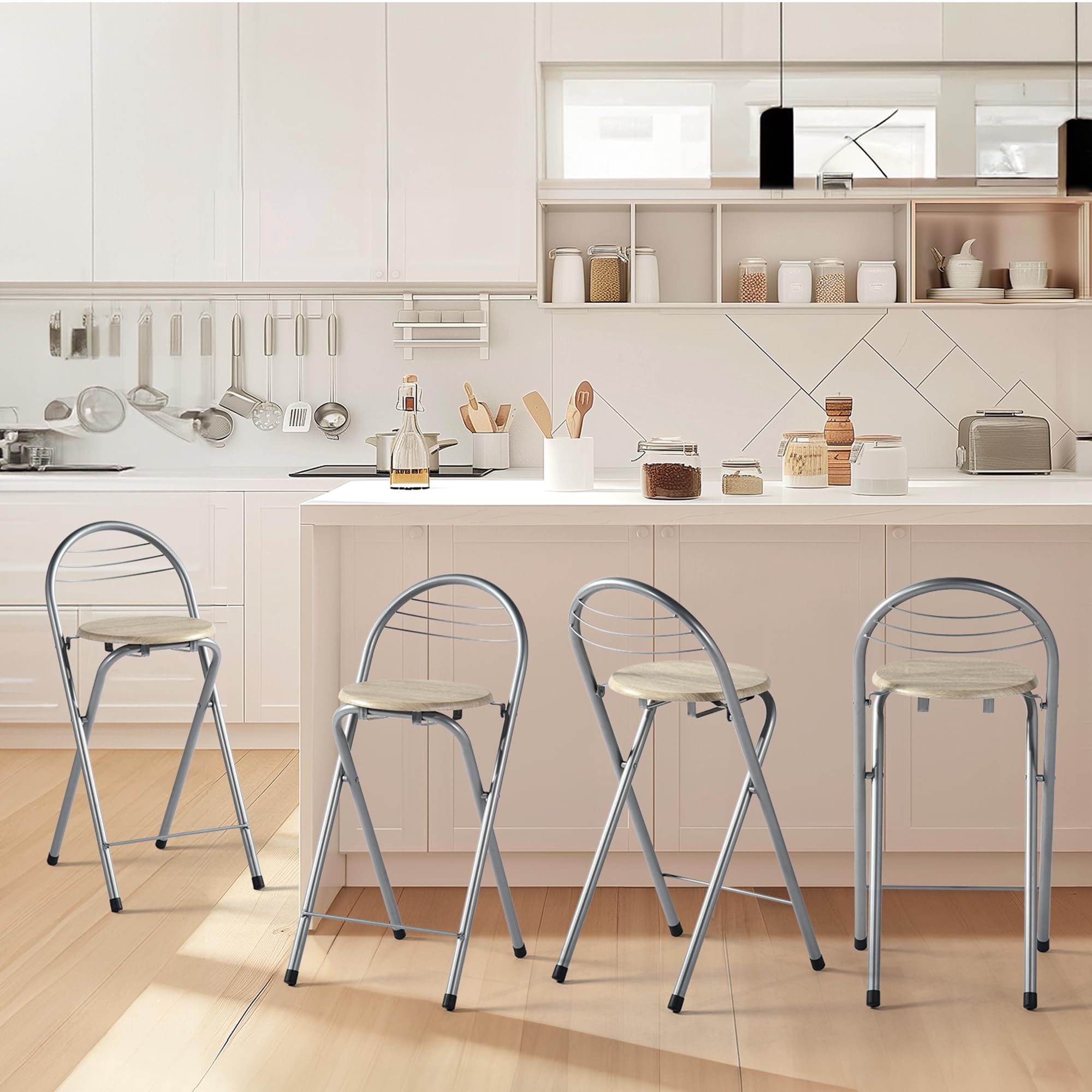 Tabouret Haut de Bar Pliant Lot de 2, Chêne&Argent/Hauteur D'Assise 61CM | Tabouret et Chaise de Bar Haute Pliante Pliable avec Dossier pour Exterieur Interieur Camping Jardin Balcon Salon