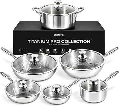 Plateful Titanium Pans for Cooking, 12pc set Titanium Cookware Set with Lid