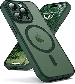 Capa para iPhone 15 Pro Max, compatível com MagSafe, proteção de câmera, capa de filme fosco translúcido magnético, grau militar (verde floresta)