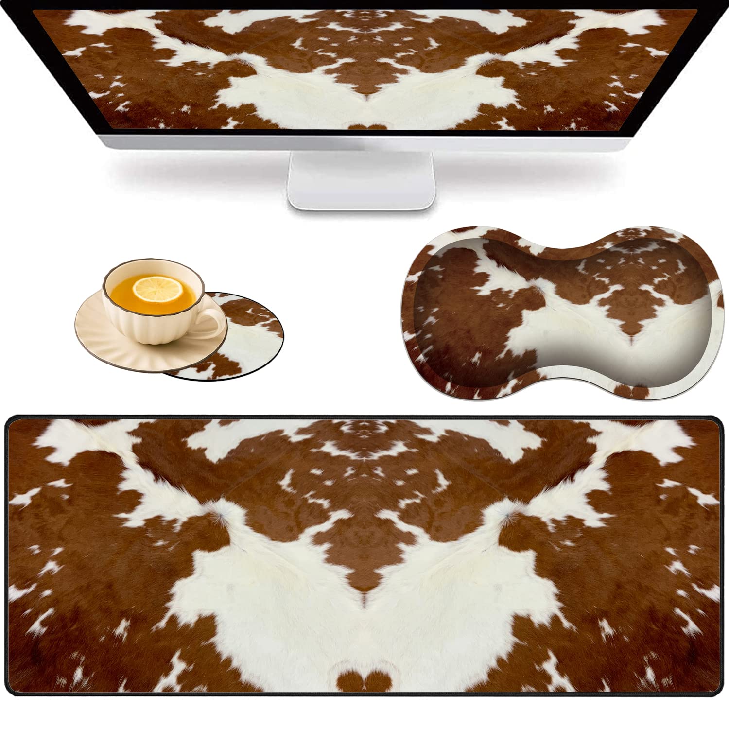 VSOJSOJKE Large Game Mouse Pad + Wrist Support Pad + Coffee Coaster, Brown Cow Print Pattern Foldable Table Mat with Stitched Edge, Non-Slip Set Pad
