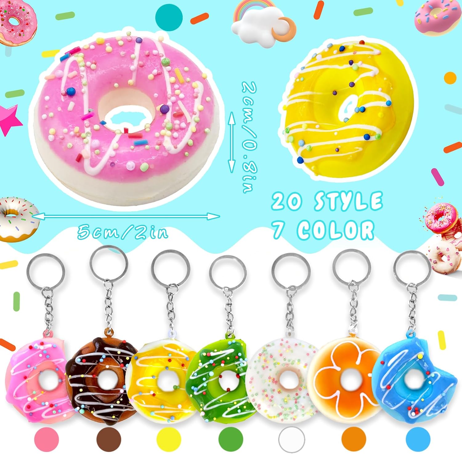 20 Pcs Mini Donut Stress Balls Keychain 2 Inch Slow Rising Fake Donuts Toys for Girl Donut Birthday Gift Theme Decorations Party Favors
