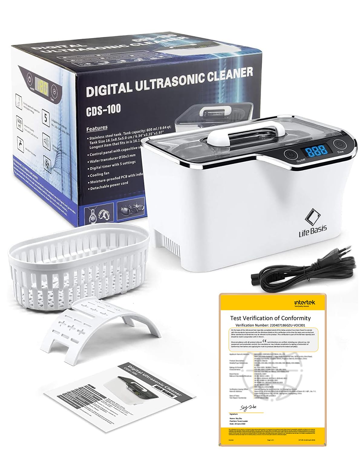 LifeBasis Ultraschallreinigungsgerät 600ml 48kHz 50W mit Degas & Vollwelle 5 Modi LED-Anzeige für Brillen Schmuck