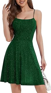 Spaghetti Straps Sparkly Homecoming Dress Fit and Flare Glitter Mini Swing Semi Formal Prom Party Club Dress - Buy now
