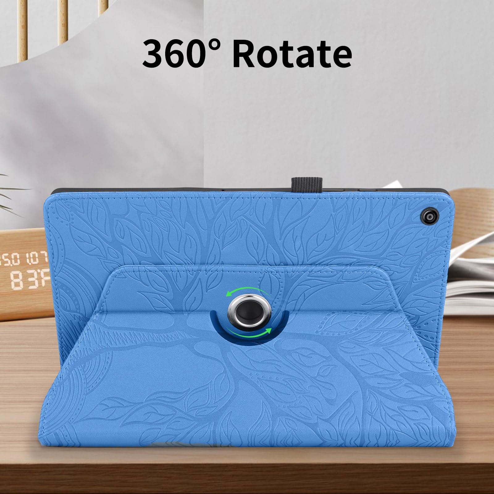 Kompatybilny z etui Kindle Fire HD 8 (7./8. generacji, wydanie 2016/2017/2018) na tablet obracany o 360 stopni stojak składany pokrowiec drzewo życia tłoczona powłoka(Blu)